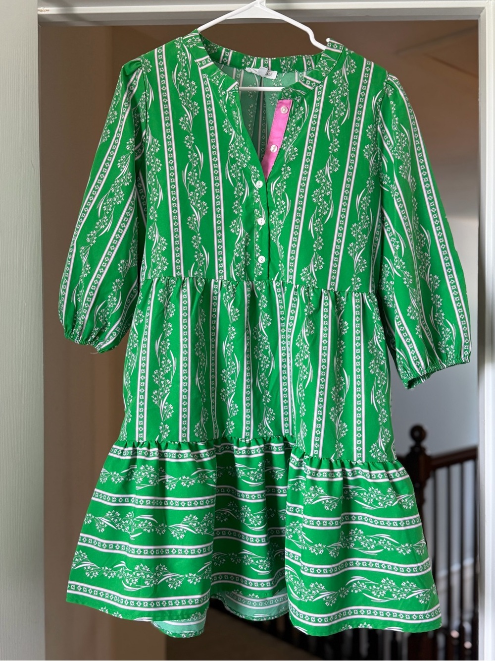 Mary Square Green Floral Tiered Mini Dress Pink Trim Puff Sleeve Size Large